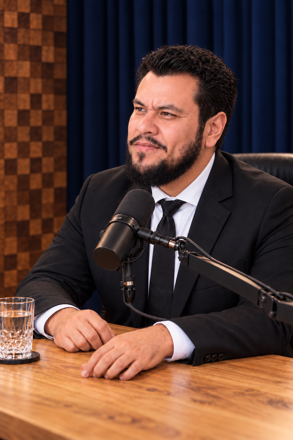 Retrato de Hiago Kin Levi sentado em um estúdio de podcast