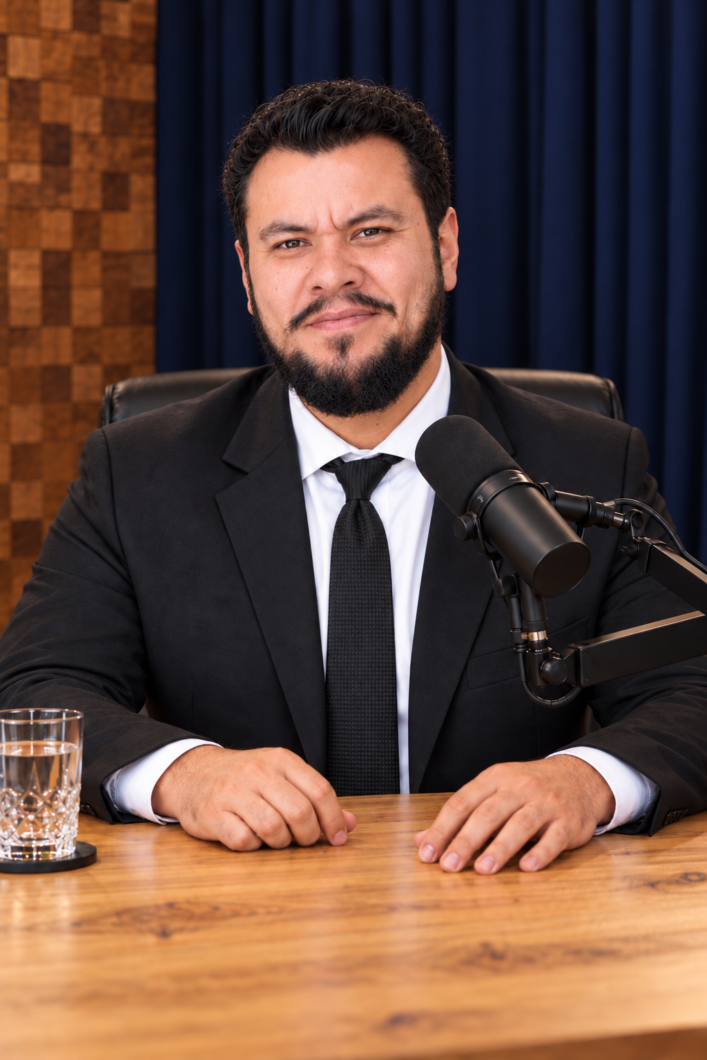 Retrato de Hiago Kin Levi sentado em um estúdio de podcast