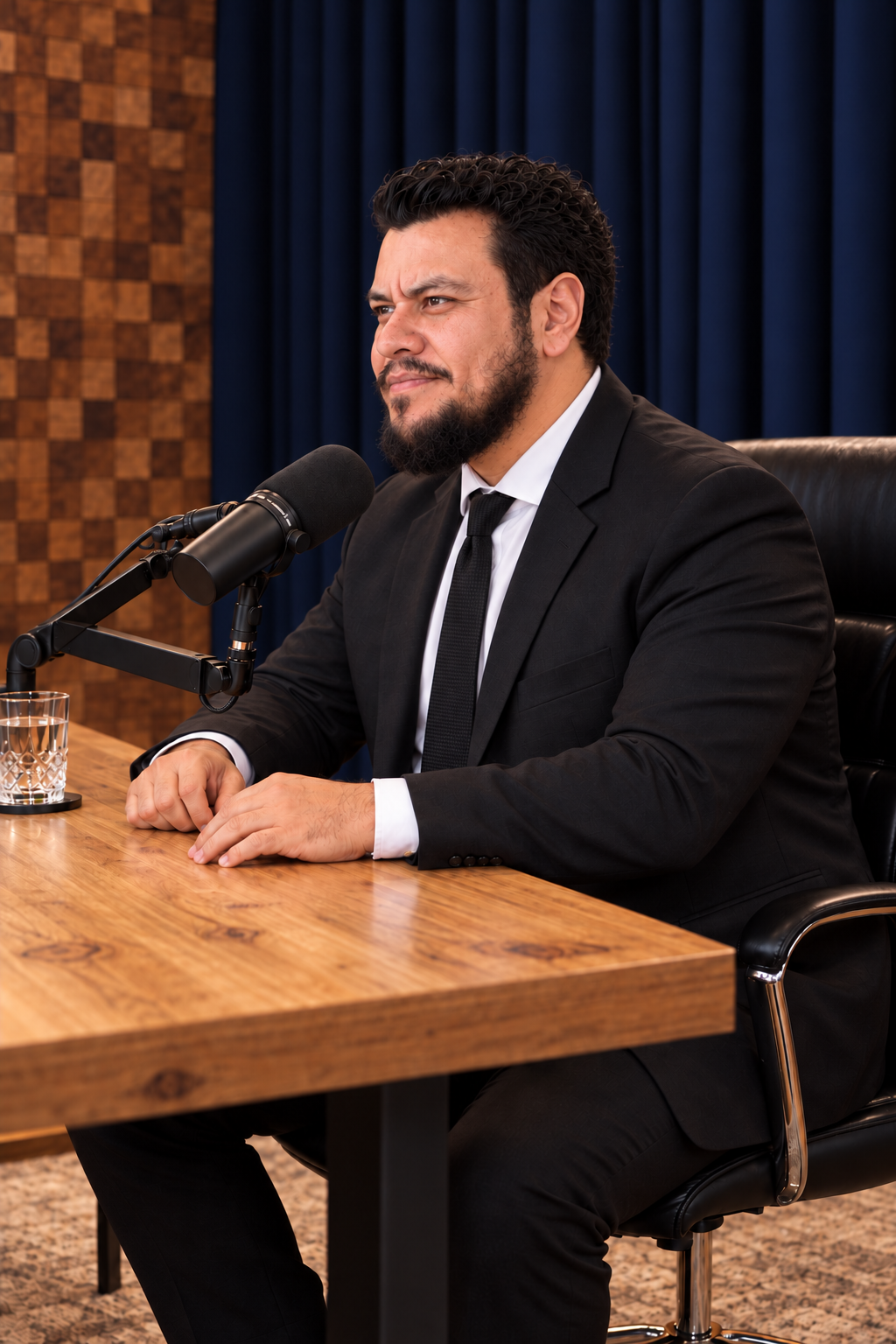 Retrato de Hiago Kin Levi sentado em um estúdio de podcast