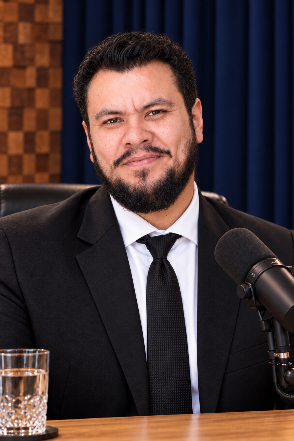 Retrato de Hiago Kin Levi sentado em um estúdio de podcast