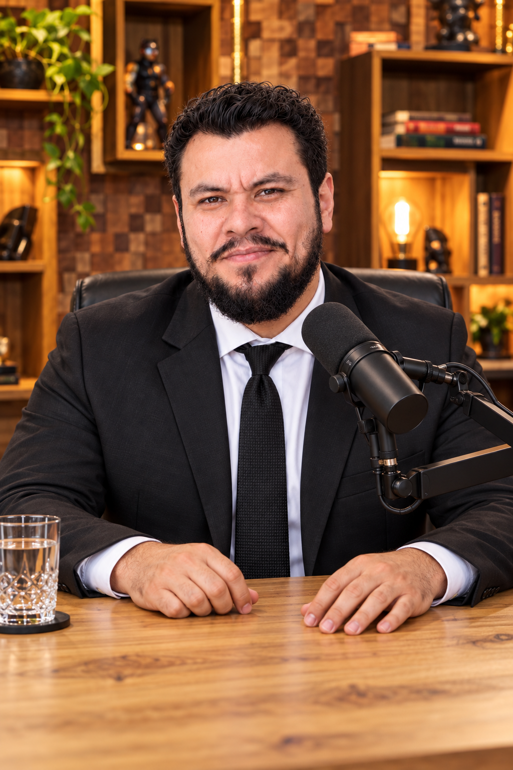 Retrato de Hiago Kin Levi sentado em um estúdio de podcast
