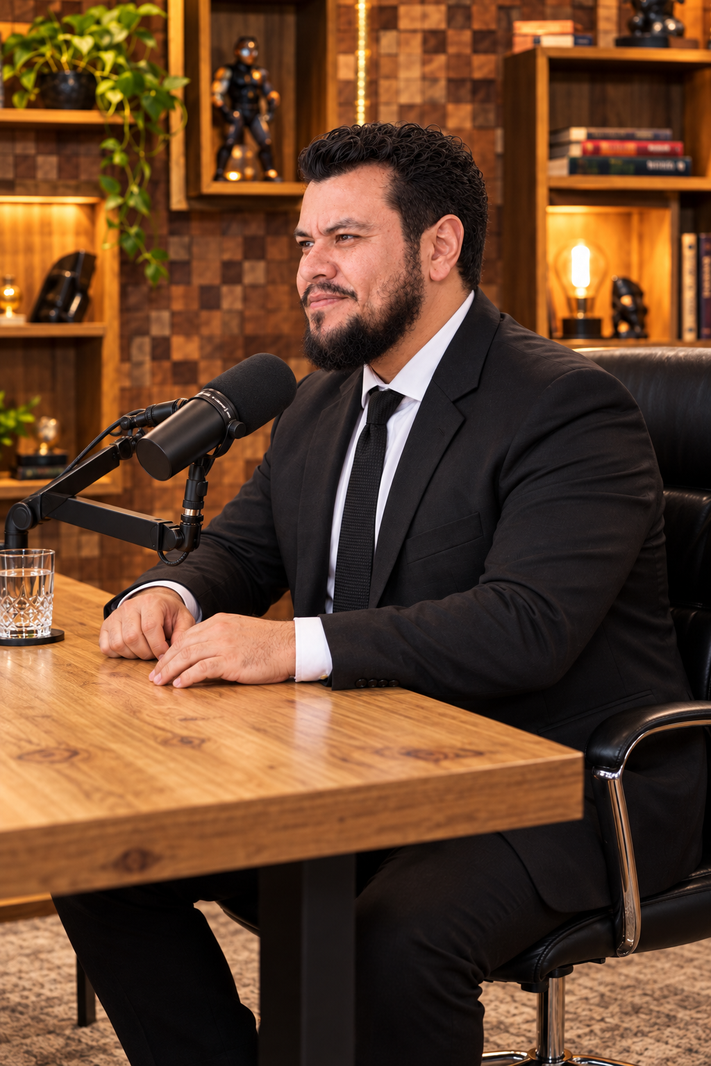 Retrato de Hiago Kin Levi sentado em um estúdio de podcast