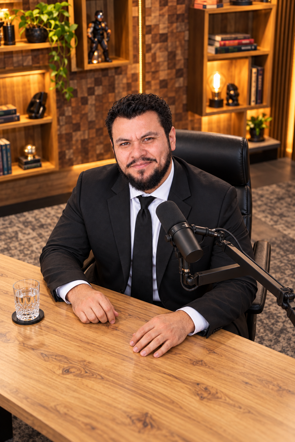 Retrato de Hiago Kin Levi sentado em um estúdio de podcast